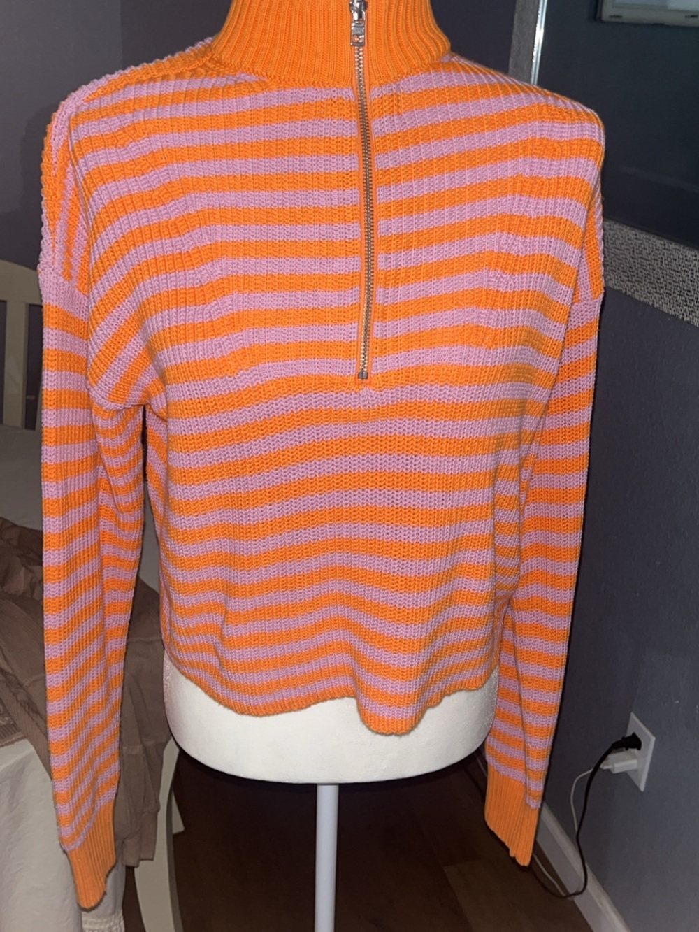 Madewell Orange and Pink Striped Half-Zip Sweater